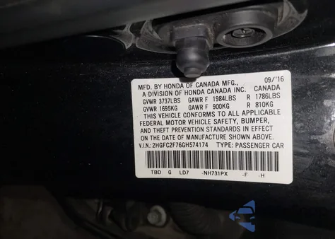 2016 Honda Civic Ex from USA, damaged, VIN 2HGFC2F76GH574174